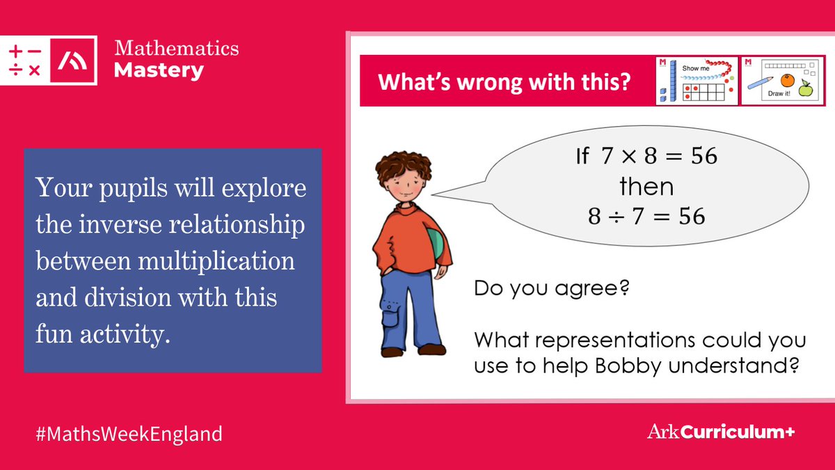 Get your pupils thinking about and explaining inverse relationships with this activity.

#MathsWeekEngland #mathsmastery #primarymaths #mathsactivity #mathematicalthinking #mathematicaloracy #oracy