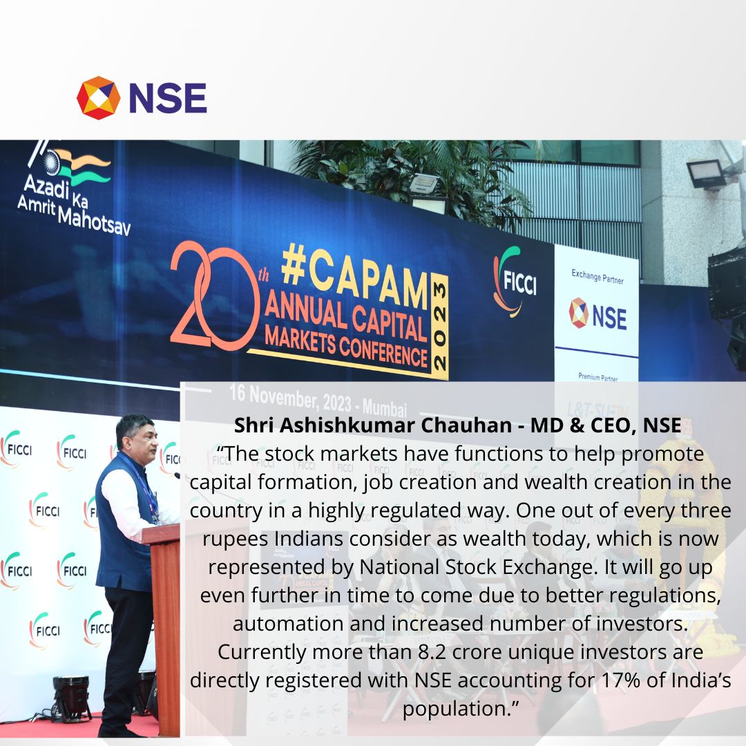 NSEIndia's tweet photo. Quote from our MD & CEO, Shri @ashishchauhan at the 20th Annual Capital Markets Conference, #CAPAM2023 organised by @ficci_india at our exchange @nseindia today.
#NSE #CapitalMarkets #FICCI https://t.co/S9vGyeWhxl