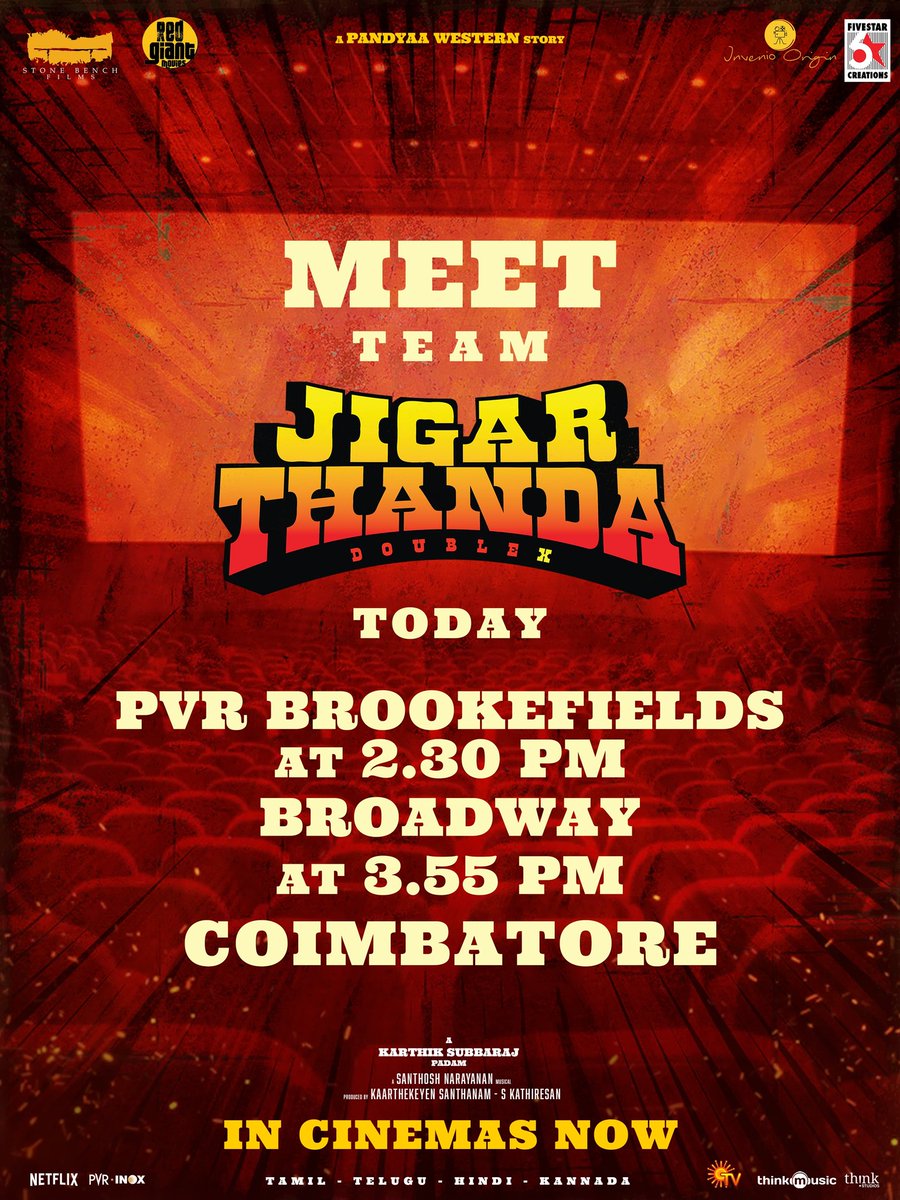TBSTwizzle's tweet photo. #JigarthandaDoublex Team will be visiting @_PVRCinemas Brookefields at 2.30PM &amp; @CinemasBroadway at 3.55PM Today 🌟

#DoubleXDiwaliBlockbuster  

#RaghavaLawrence | #SJSuryah | #NimishaSajayan | #SanthoshNarayanan | #KarthikSubbaraj 

Running Successfully in Theatres 🔥 https://t.co/9edsLoi4fL