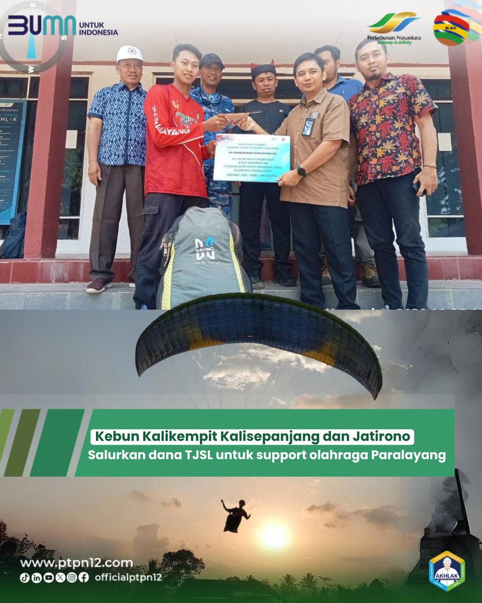 ptpni_regional5's tweet photo. Halo #KawanRolas
Banyuwangi –  PTPN XII Kebun Kalikempit Kalisepanjang dan Jatirono  menyalurkan dana Tanggung Jawab Sosial dan Lingkungan (TJSL) kepada perwakilan Federasi Aero Sport Indonesia (FASI) Banyuwangi sebagai tanda support PTPN XII terhadap olahraga Paralayang https://t.co/9aRKXTZqRW