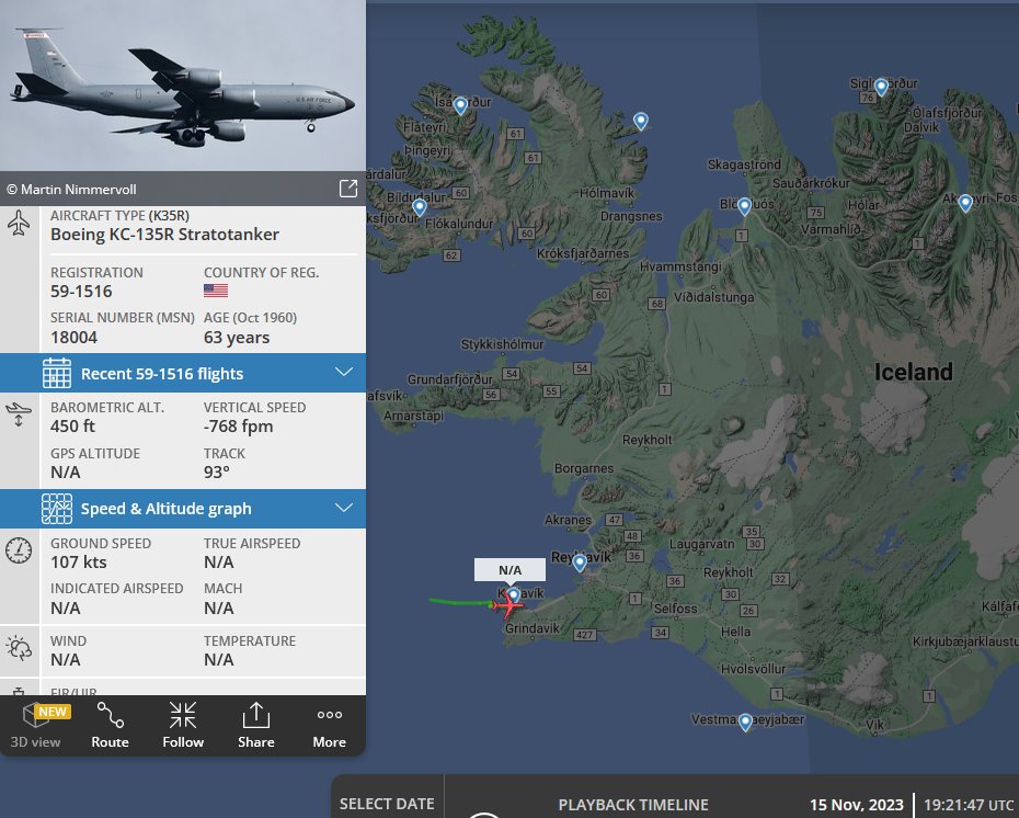 SirListenalot's tweet image. Nov15 ~1920z #KC135 #AE04E6 #ROMA72 arrives at Keflavik with two USMC #F18's #TREND21-22. At ~1615z F18s #TREND23-24 left the formation prior PELTU and diverted to Goose Bay due to an issue