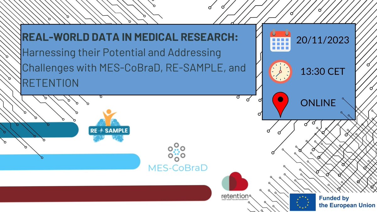 resample_h2020's tweet photo. COMING SOON ➡️ 20 November 13:30 CET ‼️

@resample_h2020 will join sister projects @MESCoBraD &amp; @Retention_EU
to discuss the potential of real-world data in advancing medical research and healthcare.  

Come &amp; join us! Register here 👇 https://t.co/NULWbj4gbX https://t.co/IXEMuaOYQh