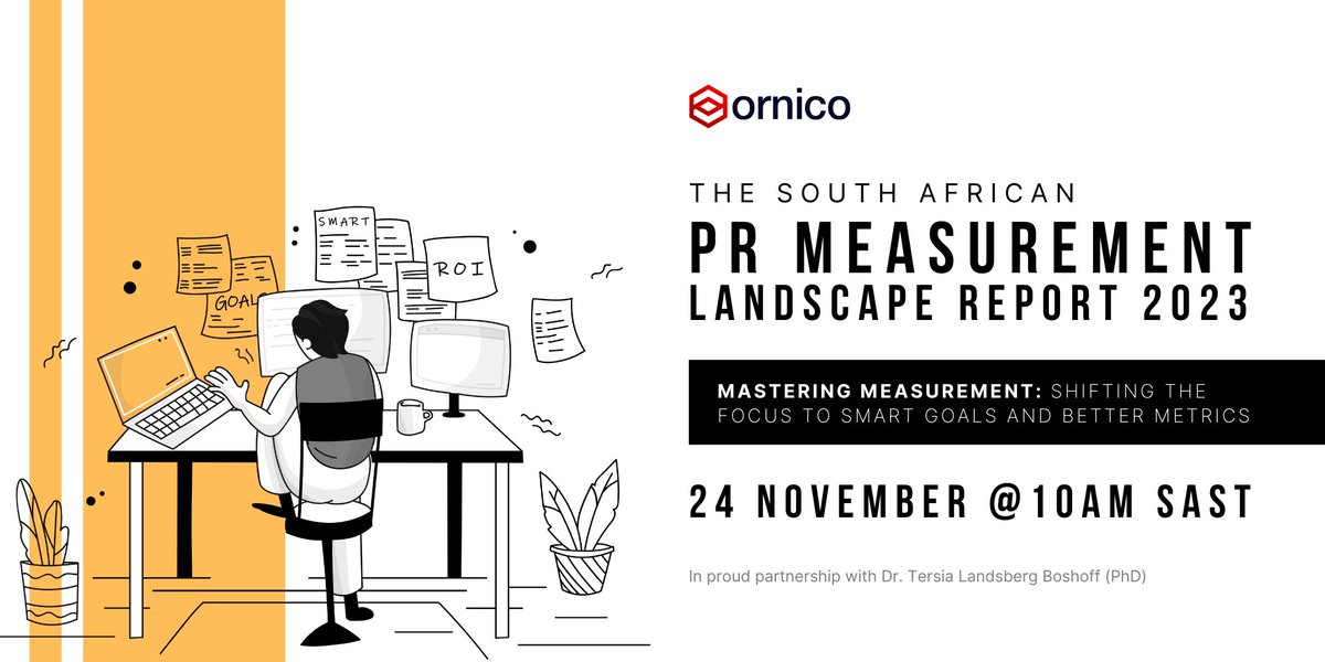 Save the date!

Ornico and Tersia Landsberg will once again be hosting the SA PR Measurement Landscape webinar on the 24th of November!

Register today to secure your spot.

qkt.io/TBa3wP

#pr #prmlr2023 #webinar #ReportLaunch