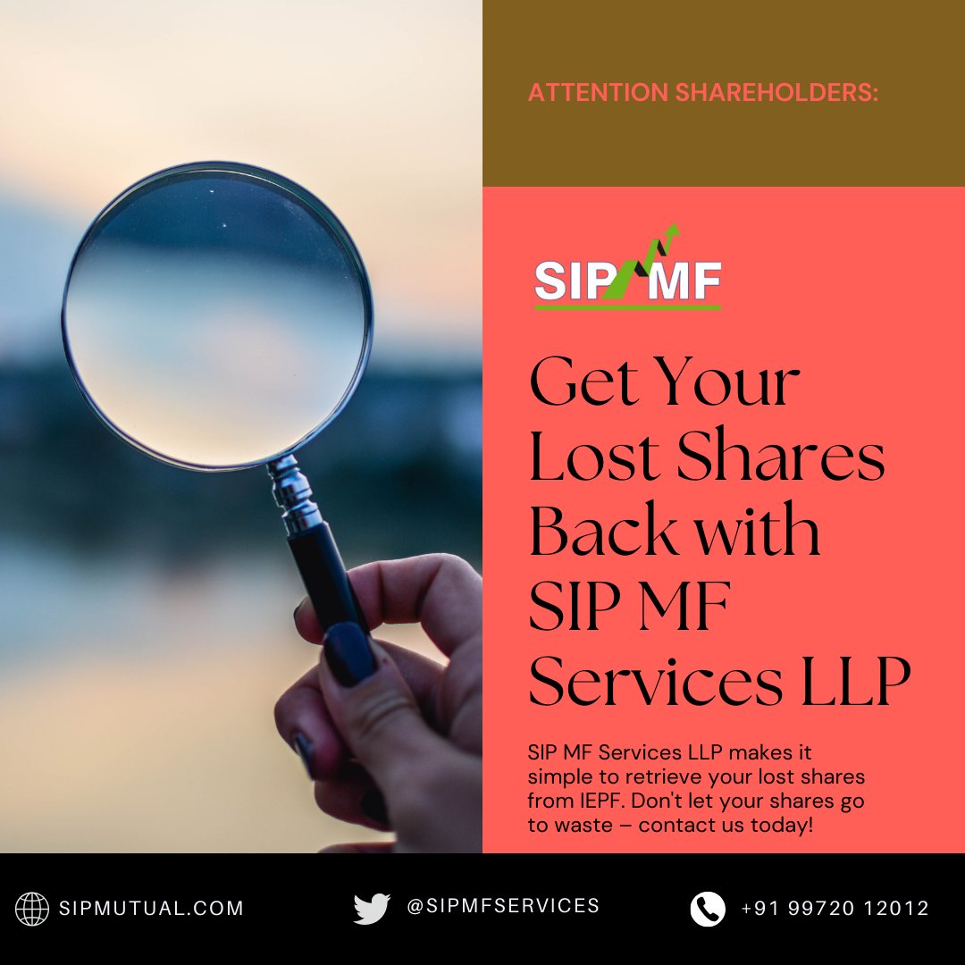 SIP_MF_LLP's tweet photo. Reclaim your lost shares with SIP MF SERVICES LLP - the ultimate solution to getting back what's rightfully yours. Discover how we can make your life easier today! #SharesRecovery #SIPMFServices #ClaimYourWealth #IEPF #investing #equity #investments https://t.co/DN0f76TZXY