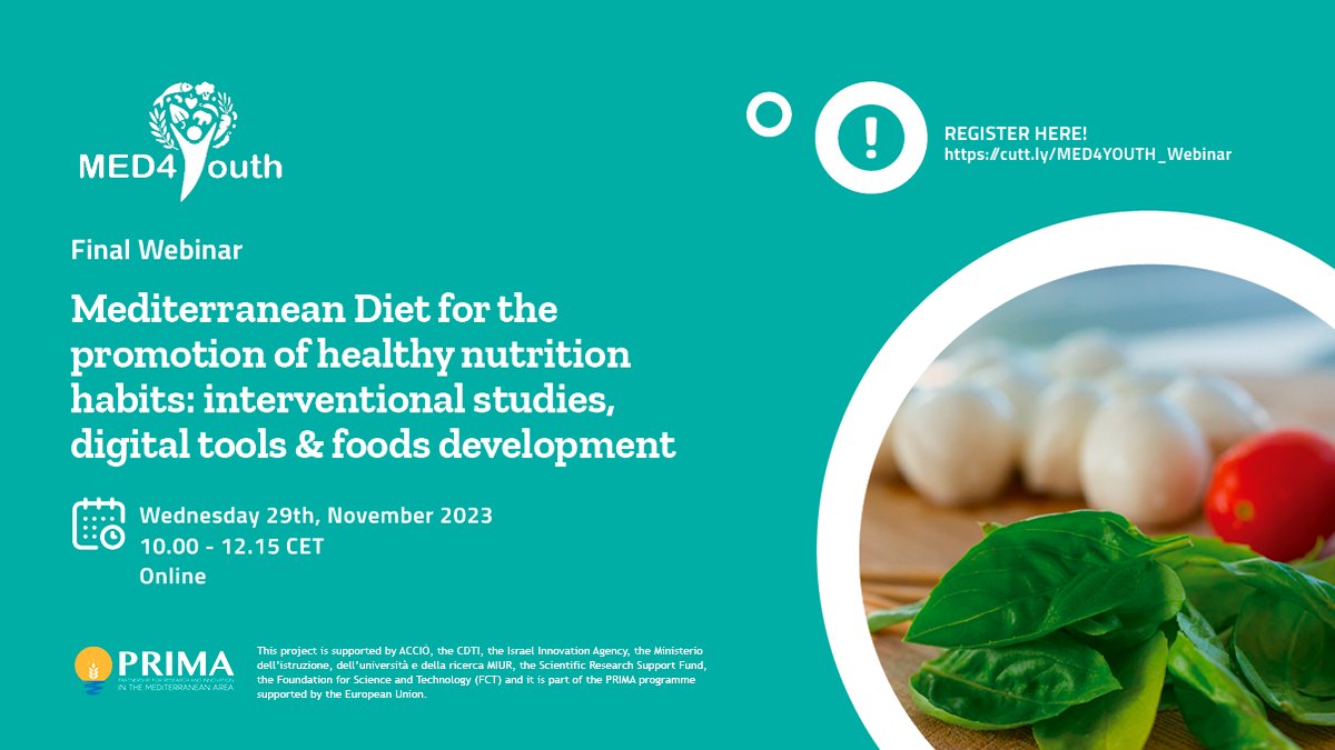 MED4Youth (@med4youth) on Twitter photo Don't miss #MED4Youth final webinar #MediterraneanDiet for the promotion of healthy nutrition habits, including a session on digital tools and foods development to empower a healthy #nutrition and lifestyle 
Agenda & Registrations 👉cutt.ly/MED4YOUTH_Webi… Don't miss #MED4Youth final webinar #MediterraneanDiet for the promotion of healthy nutrition habits, including a session on digital tools and foods development to empower a healthy #nutrition and lifestyle 
Agenda & Registrations 👉cutt.ly/MED4YOUTH_Webi…