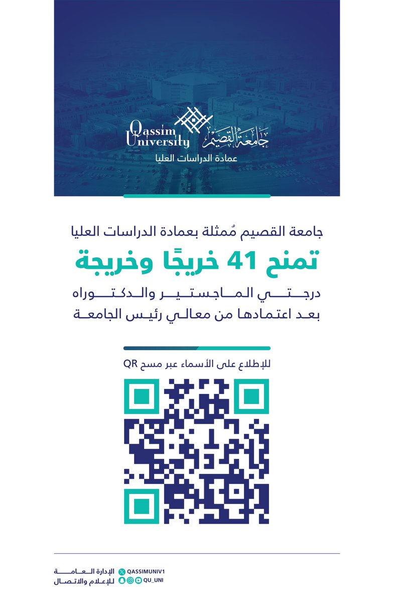 #جامعة_القصيم مُمثلة بعمادة الدراسات العليا تمنح 41 خريجًا وخريجة درجتي الماجستير والدكتوراه بعد اعتمادها من معالي رئيس الجامعة. 

للاطلاع على الأسماء عبر الرابط التالي:
gsd.qu.edu.sa/content/news/4…