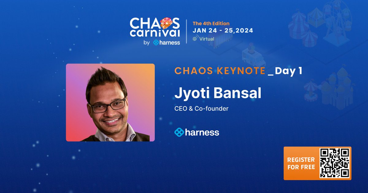 *Drumrolls* 🥁🥁 Introducing our first Keynote speaker 🚀 Stoked to have @harnessio Co-Founder & CEO, @jyotibansalsf kick off Chaos Carnival 2024 by delivering the opening keynote for the conference 🎉 📅 24th January 2024 Register for Free today ✅ chaoscarnival.io