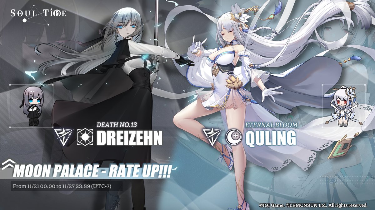SoulTide's tweet photo. The upcoming Moon Palace will feature Dreizehn and Qu Ling! Evokers, make sure to seize this opportunity!
〓Duration〓
11/21 00:00 - 11/27 23:59 (UTC-7)
#SoulTide #MoonPalace #Lemcnsun #Dreizehn #QuLing https://t.co/dXuXMYwPMa