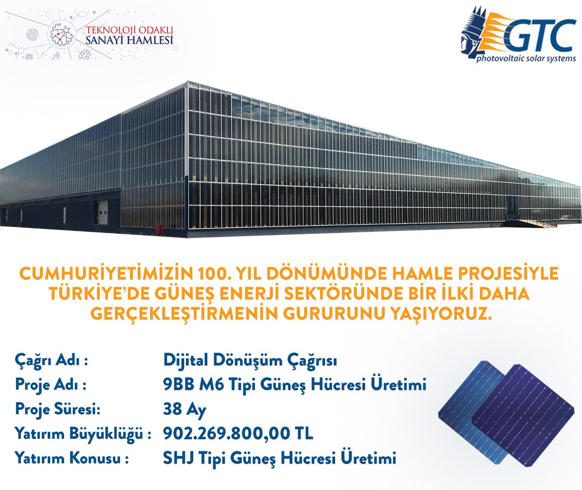 GtcSolar's tweet photo. 1️⃣Yüksek Katma Değerli, Orta-Yüksek ve Yüksek Teknolojili Ürünlerin yerli imkan ve kabiliyetlerle üretimine destek amacıyla Sanayi ve Teknoloji Bakanlığı tarafından yürütülen HAMLE programında, "SHJ Tipi Güneş Hücresi Üretimi" konulu yatırım projemiz desteklenmeye hak kazandı. https://t.co/Q86AJTFVIc