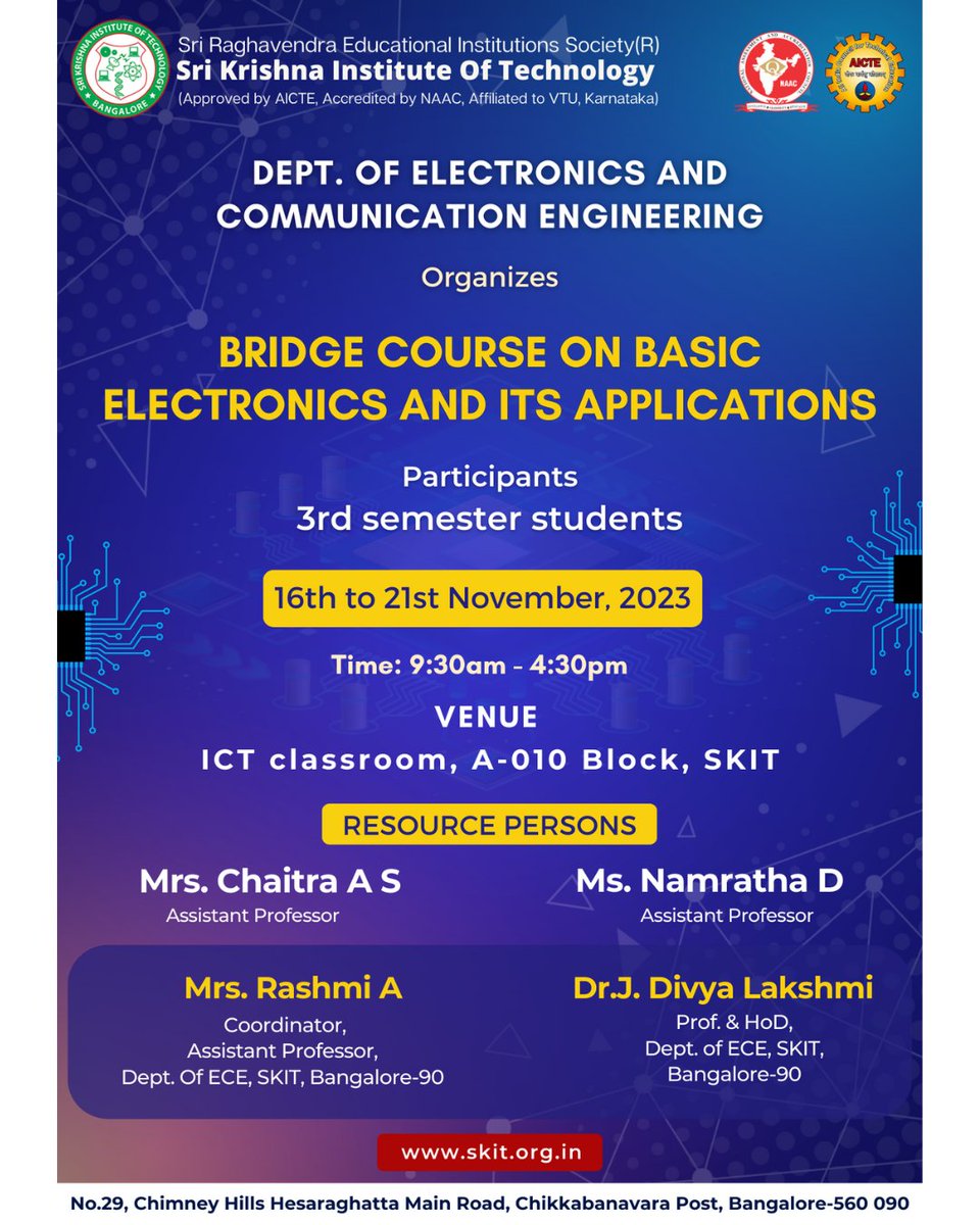 Join us from November 16th to 21st  

#srikrishnainstituteoftechnology
#electronics #electronicsengineering #electricengineering #industryexperts #electronicprojects #electrical #basicelectronics #technicaltalk #seminar #technicalengineering #educators #bridgecourse #bestcollage