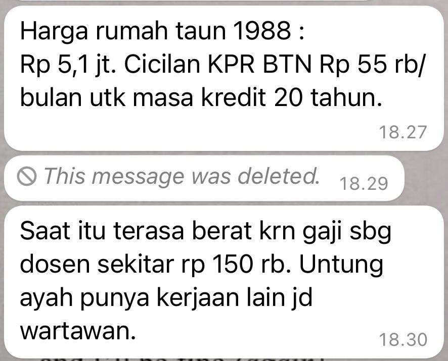 Ayahku beli rumah tahun 1988 harganya Rp 5,1juta (dari kalkulator inflasi itu setara Rp 79juta), cicilan Rp 55ribu (setara Rp 860ribu).

Depan kompleks ada cluster baru.

Harga rumahnya (luas sama) nggak jadi Rp 79juta tapi Rp 1,2M. Temenku KPR 20 thn, cicilannya Rp 4,6juta 🥲