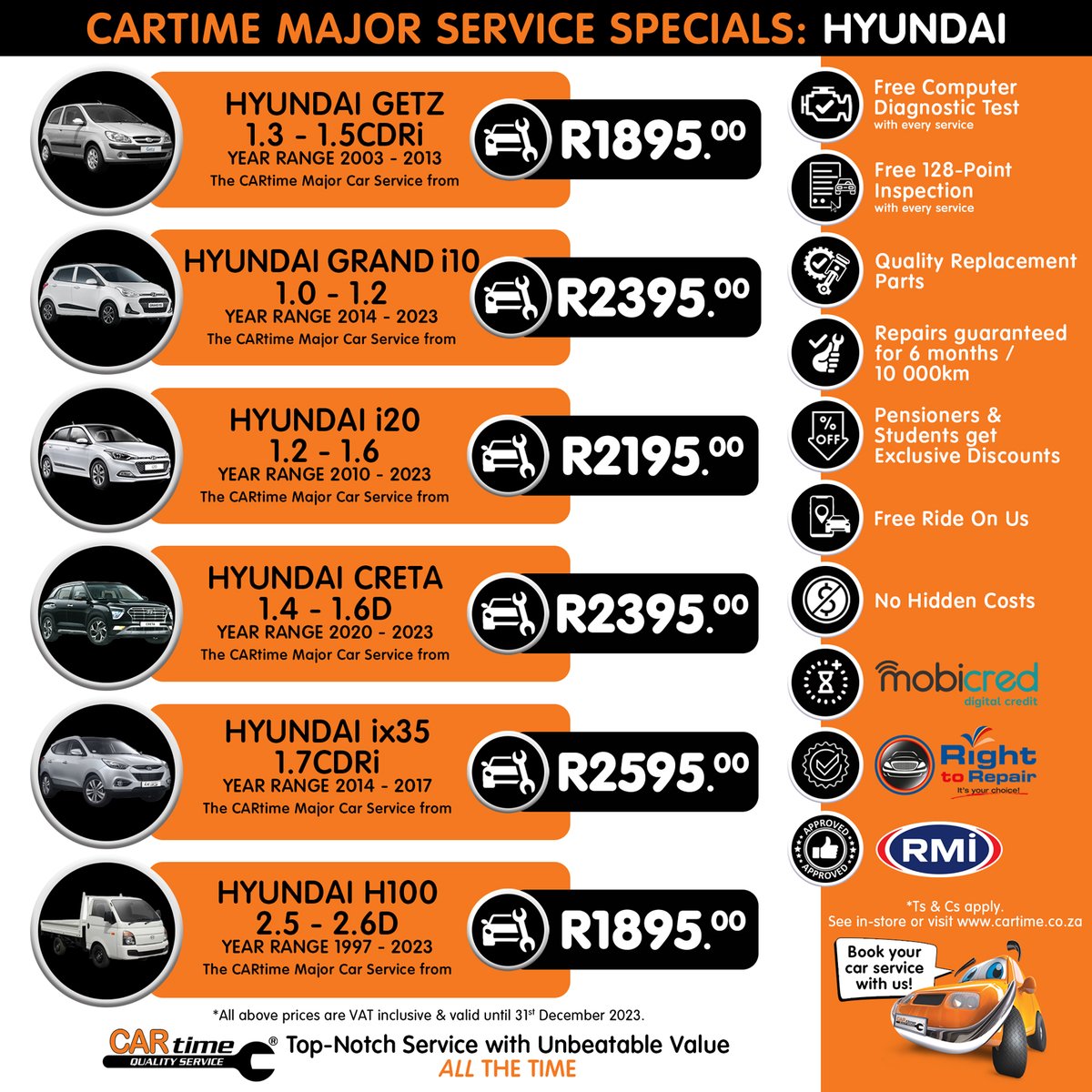 CARtime_ZA's tweet photo. CARtime Hyundai Service Specials.
We make servicing your motor vehicle convenient &amp; affordable. Let our friendly, professional &amp; experienced technicians perform their magic.
Book your next service with CARtime today:https://t.co/md7iru4JfV
#CARtime #CarServiceCentre #RMIApproved https://t.co/XL603e0MLb