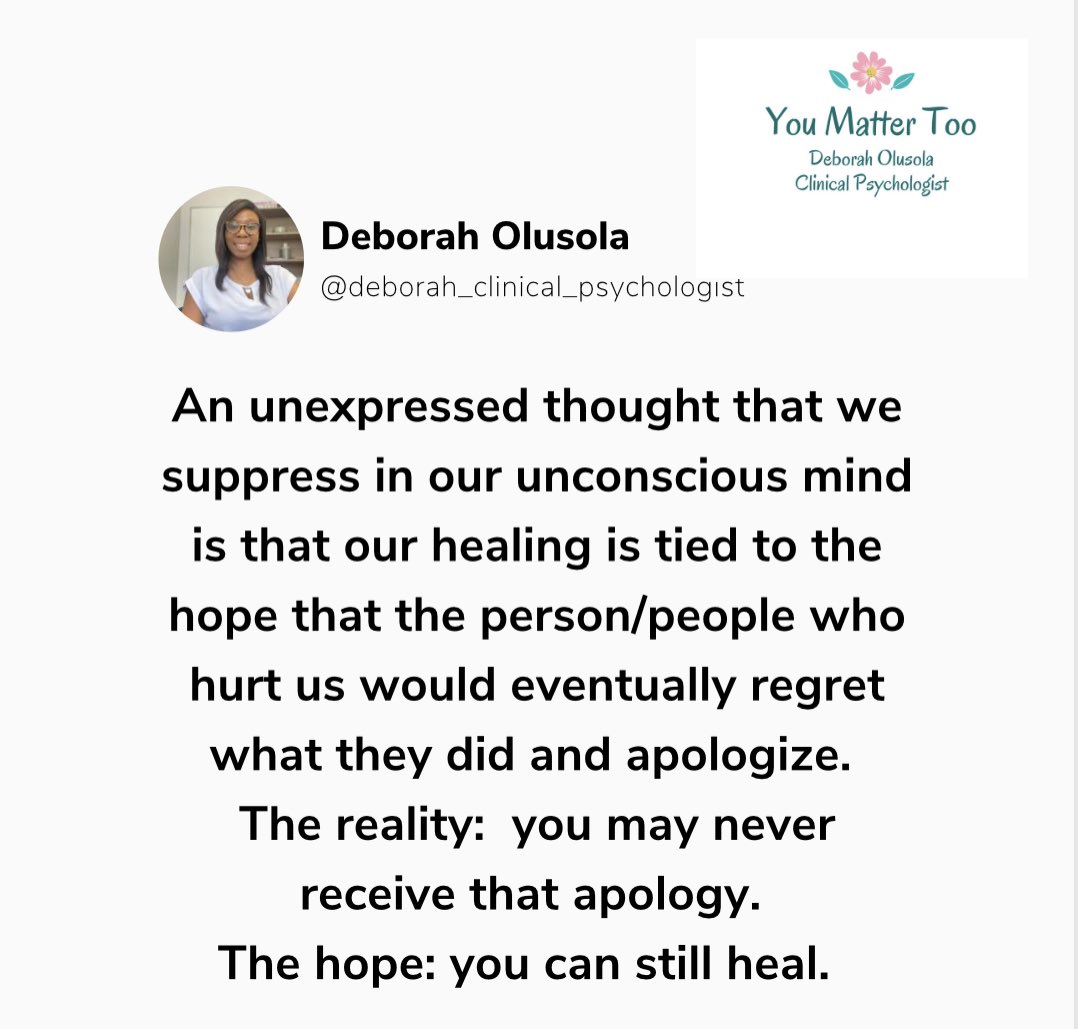 Debzola's tweet photo. When we have been hurt and yearn for an apology, it’s possible that a great deal of our energy is spent waiting and hoping. Unfortunately you may wait for an apology that may never come. But there is hope. And the hope is that you can heal. #mentalhealth #depression  #wellness https://t.co/fwayidYyd4