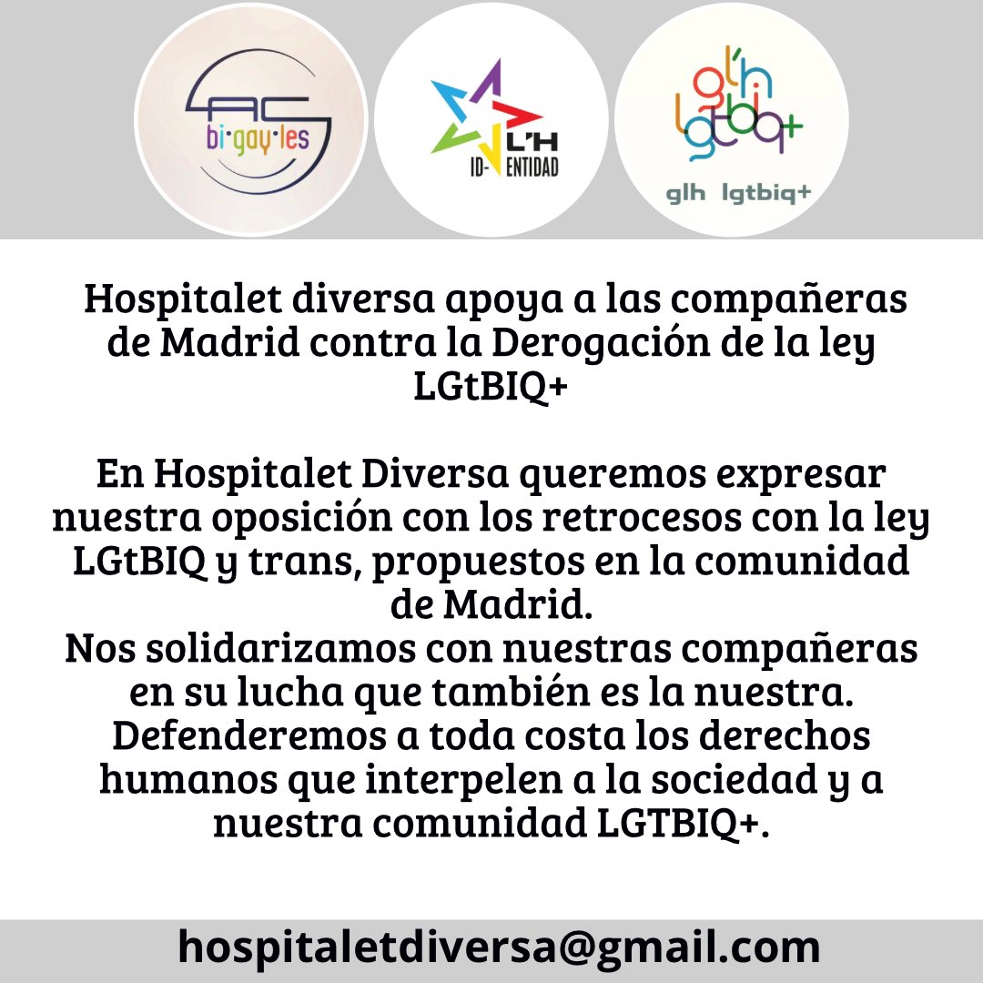 HospiDiversa's tweet photo. Hospitalet diversa apoya a las compañeras de Madrid contra la Derogación de la ley LGtBIQ+. #leylgtbiq #lgtbiq #derogacionley #hospitaletlgtbiq https://t.co/sZt0WG2bHS