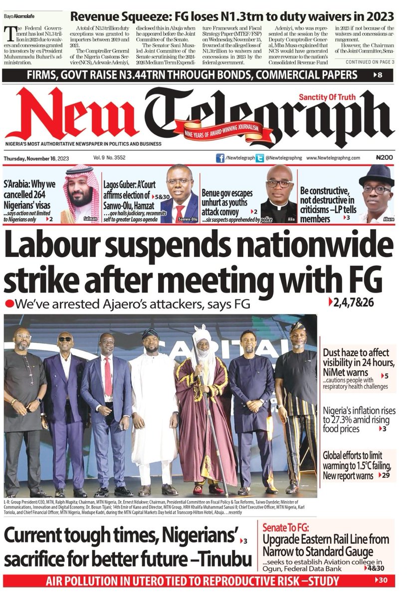 tolaogunnubi's tweet photo. #Headlines #Frontpages #TheNLC #Mohbad #BreakingNews #Slept #MuslimMuslim #RedSea #Tinubu #Buhari #Benin #Nigerians #LonelyAtTheTop #BenShapiro #Abuja #Lagosians #Israelis #Labour https://t.co/lOQzd28wmc