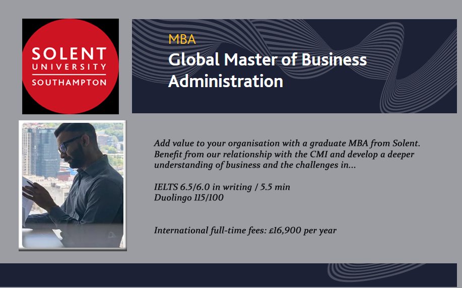 MBA - Global Master of Business Administration
Intake Jan. 2024
Giving you the opportunity to engage with business and investigate real world situations and challenges, 

#GlobalMBA
#BusinessAdministration
#studyinUK2024 #highereducation
#studyabroad #msmunify