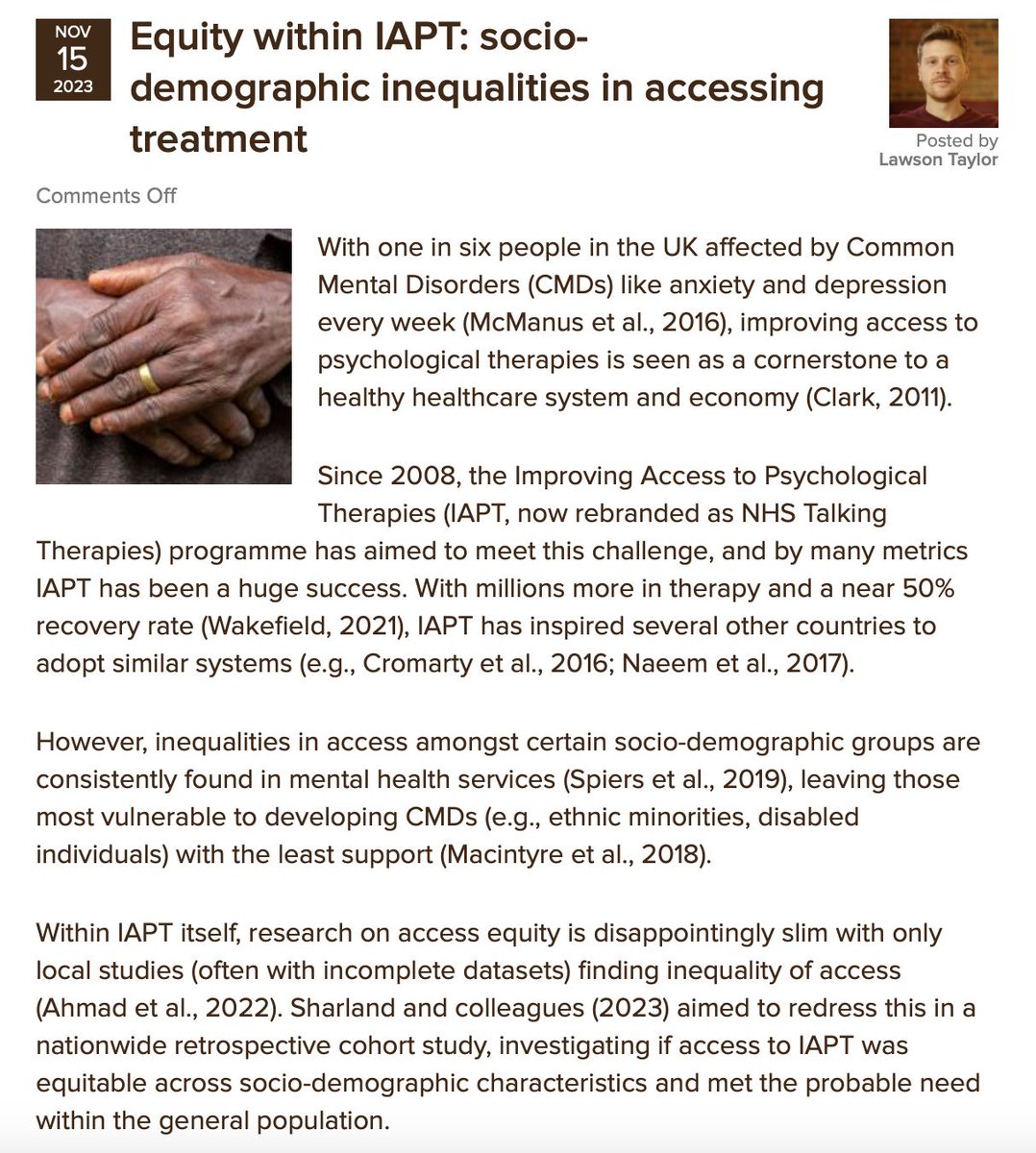 Today, Lawson Taylor provides an overview of a national cohort study that explored socio-demographic differences in access to NHS Talking Therapies nationalelfservice.net/?p=179623