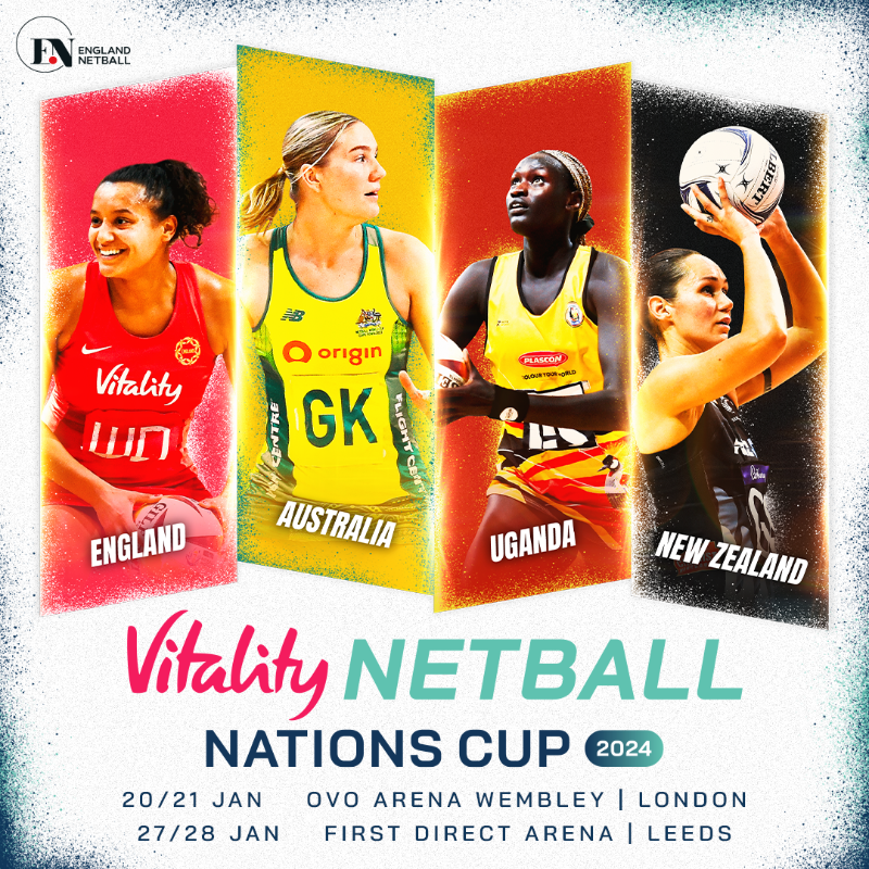 EnglandNetball's tweet photo. Say hello to the Vitality Netball Nations Cup 2024 🏆

The Vitality Roses, @AussieDiamonds, Uganda @shecranes256 and @SilverFernsNZ are all set to do battle ⚔️

🏟️ Be part of the action on 20-21 January at London's @OvoArena and 27-28 January at Leeds' @fdarena.