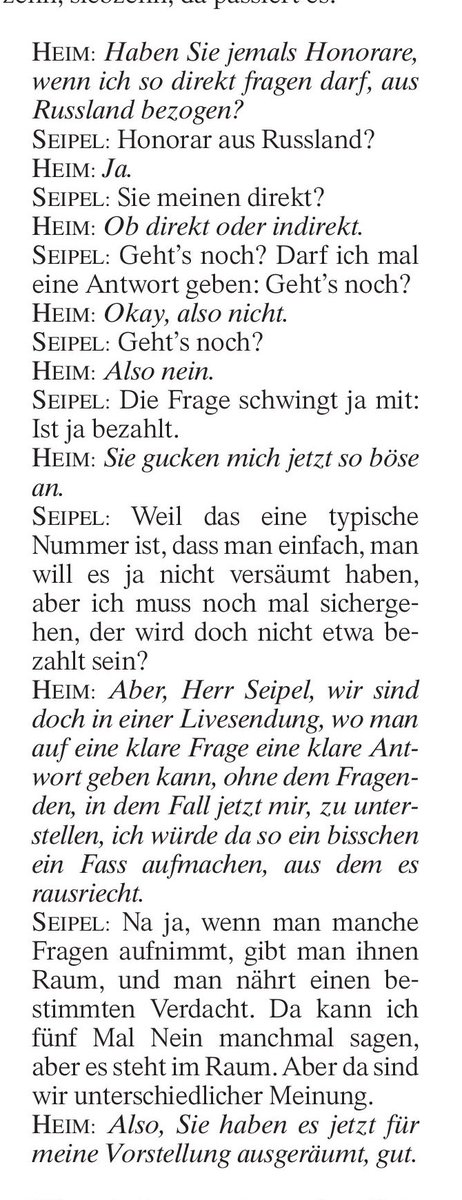 Am 2.6.2021 war Kremlpropagandist Hubert Seipel in der Sendung 'SWR 1 Leute'. Dort entspann sich folgender 'Dialog'. (Quelle FAZ vom 16.11.23, S.9)