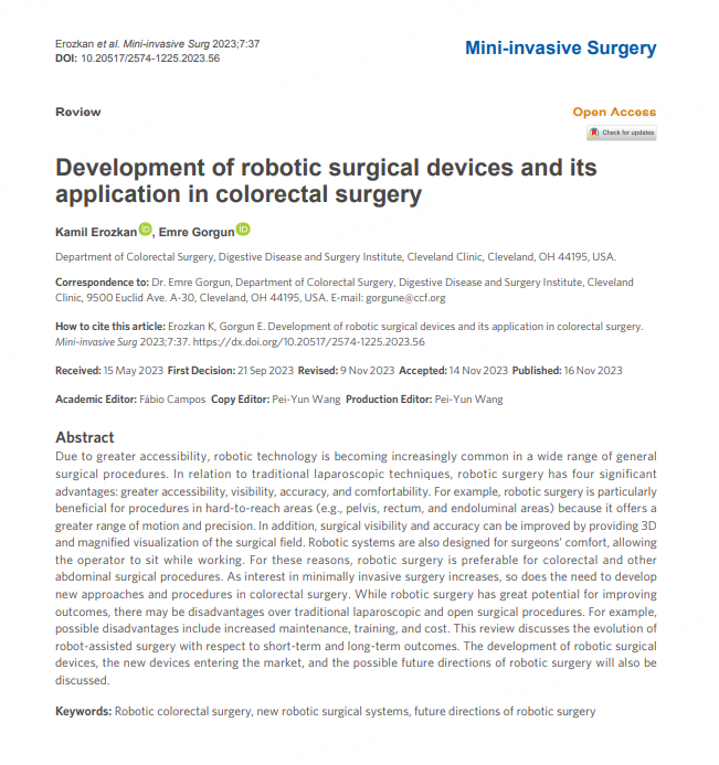 🎉Newly Published: Development of robotic surgical devices and its application in colorectal surgery 👥Kamil Erozkan @kamilerozkan , Emre Gorgun @EmreGorgunMD Robotic colorectal surgery, new robotic surgical systems, future directions of robotic surgery 🔗oaepublish.com/articles/2574-…