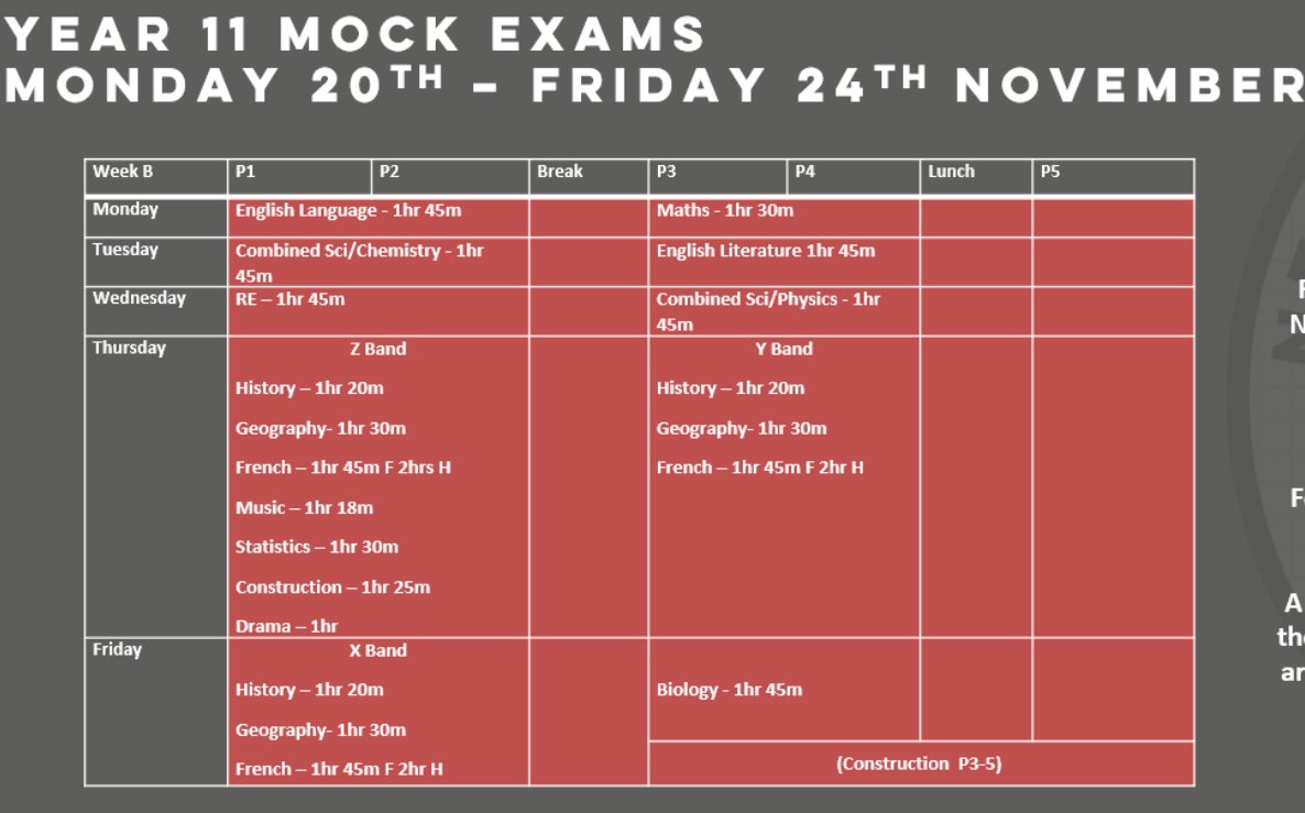 Year 11 reminder ‼️
Mock examinations take place next week.

If you need a replacement timetable please see your Form Tutor or Miss Burlison/Miss Riley.

For all upcoming examinations please see the college website: newmanrc.oldham.sch.uk/examscalendar 

Good luck Year 11 📝
<a href="/NewmanRCCollege/">Newman Catholic College</a>