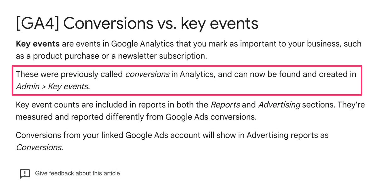 Here's a combination of "ouch" and "WTF" to get you started on this lovely Thursday.

#GoogleAnalytics4 is renaming "Conversions" to "Key events", reserving the former just for Ads conversions.

More info: support.google.com/analytics/answ…

h/t <a href="/braiscv/">Brais Calvo</a> 

#measure