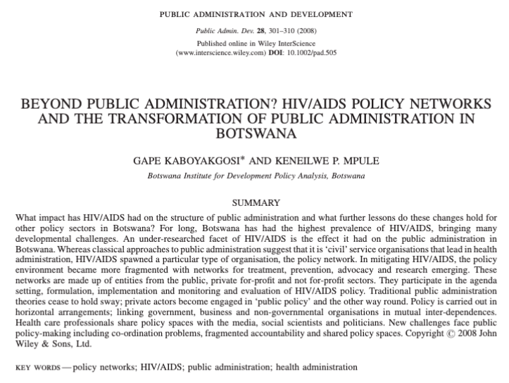 journal_pad's tweet photo. 🔙This week's #ThrowbackThursdayArticle is from 2008 by Gape Kaboyakgosi and Keneilwe P. Mpuleon on the transformation of public administration in Botswana to manage #HIV/#AIDS. #FullAccess #PolicyNetworks
.
🔗https://t.co/6xzgLvafMd https://t.co/nxlJfDVRYc