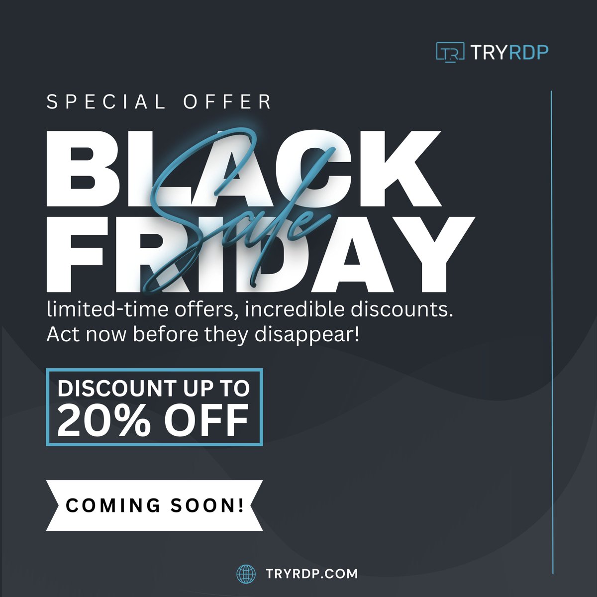 TryRDP's tweet photo. Unlock unbeatable deals this Black Friday with TryRDP! 🚀 
Elevate your online experience with exclusive discounts on our premium RDP services. 🛍️ 
Don't miss out on the best prices of the year! 🎁 

#BlackFridayDeals #TryRDP #UnlockSavings #BlackFriday #Sale https://t.co/kgW3U6zmqW