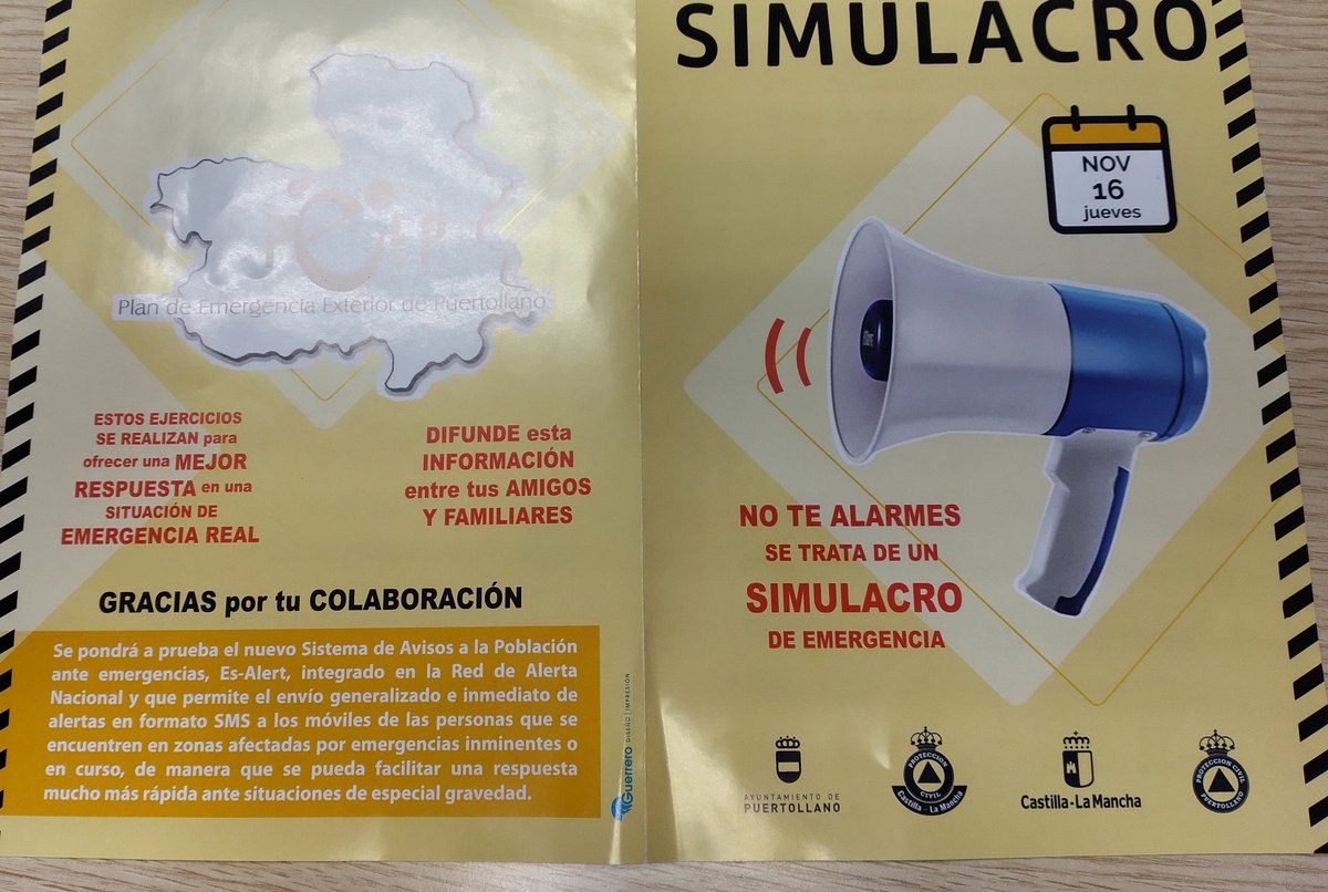 PuertoLocal092's tweet photo. Hoy jueves 16 de noviembre, simulacro de emergencia en el complejo petroquímico. 
Se activará el plan de emergencia exterior de Puertollano (PEEP). Sonarán todas las sirenas y darán avisos a la población. No te alarmes es un simulacro.
#PoliciaLocal #ProtecciónCivil #PEEP #112 https://t.co/U4q1A4GRe4