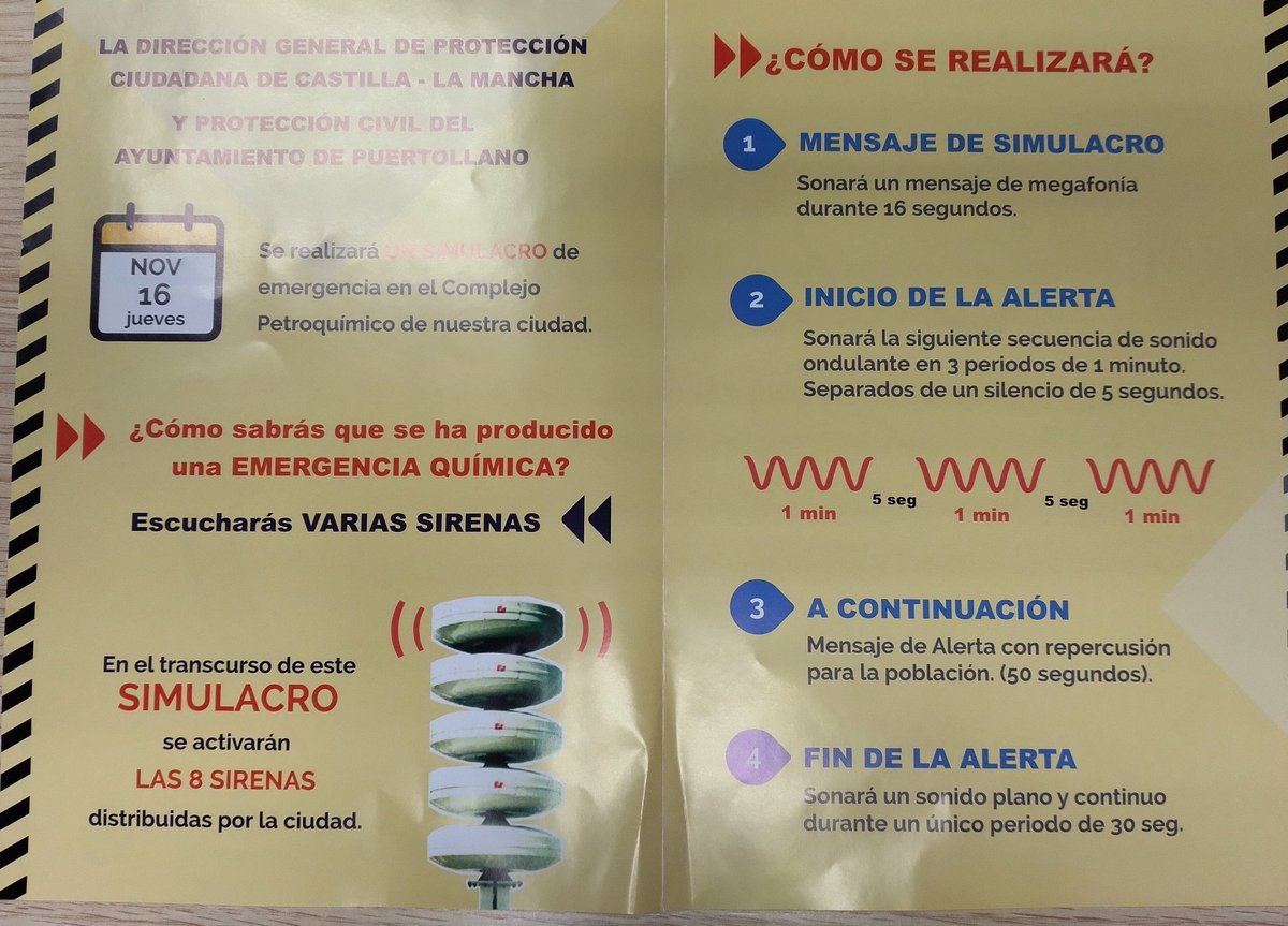 PuertoLocal092's tweet photo. Hoy jueves 16 de noviembre, simulacro de emergencia en el complejo petroquímico. 
Se activará el plan de emergencia exterior de Puertollano (PEEP). Sonarán todas las sirenas y darán avisos a la población. No te alarmes es un simulacro.
#PoliciaLocal #ProtecciónCivil #PEEP #112 https://t.co/U4q1A4GRe4