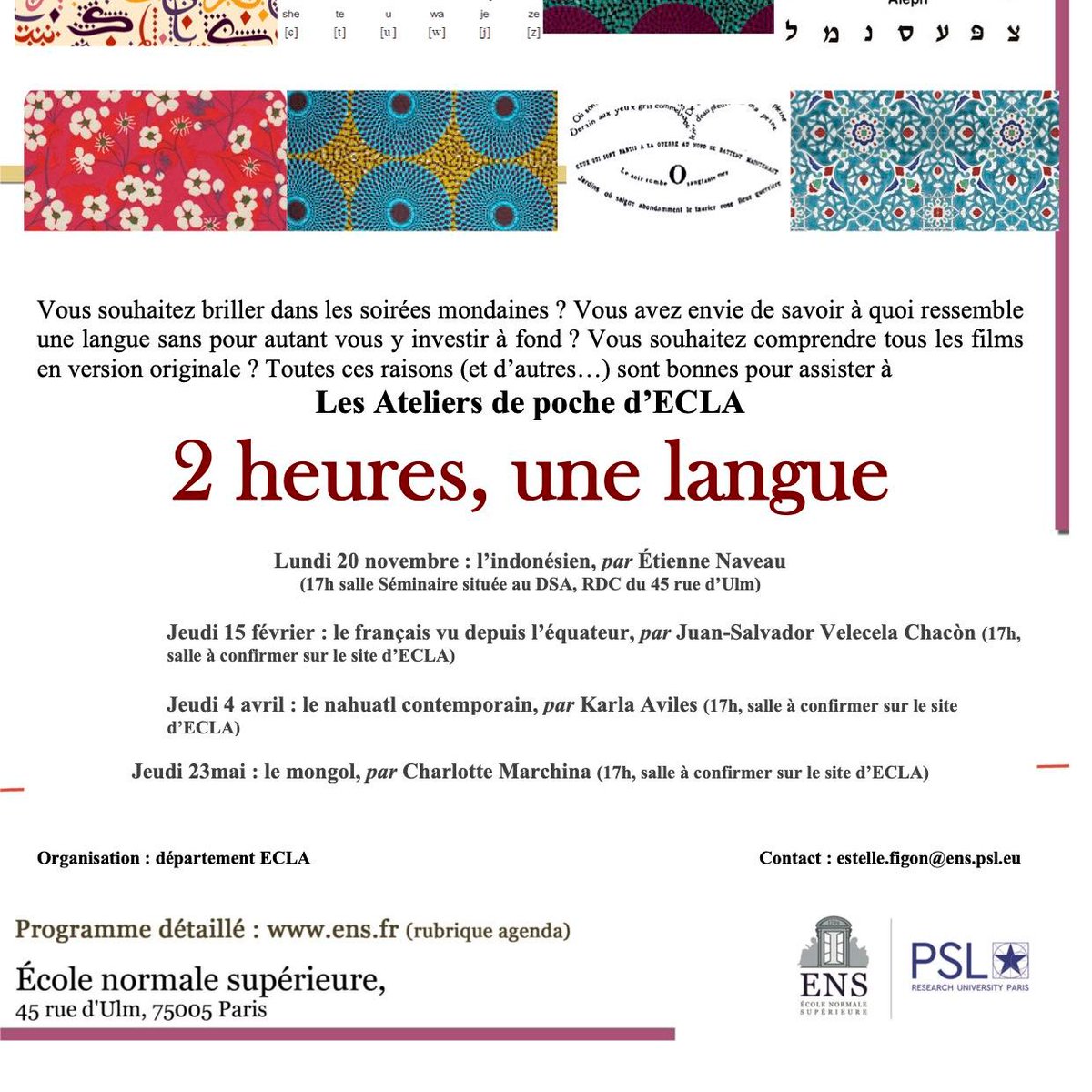 Ce lundi 20 novembre 2023 à 17h, reprise des Ateliers de poche "2 heures 1 langue" à l'<a href="/ENS_ULM/">École normale supérieure | PSL</a> à la découverte de la langue indonésienne avec Etienne Naveau de l'<a href="/Inalco/">Inalco</a>. Tout public, novices bienvenu-es, salle Séminaire du DSA, 45 rue d'Ulm, Paris Ve.