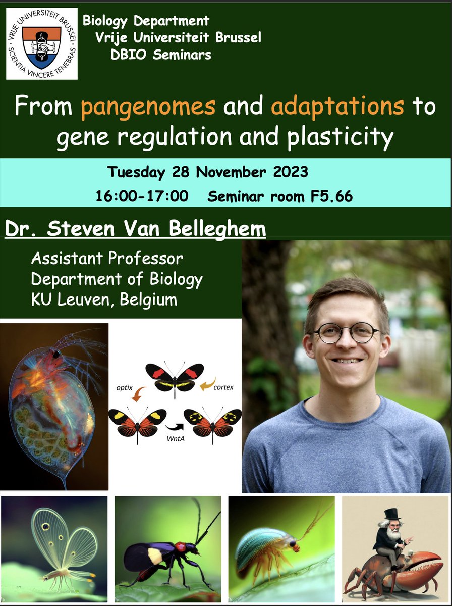 📅Our upcoming #DBIOSeminar with @SVBelleghem from @KU_Leuven 👉👉👉

-'Pangenomes, Adaptations, Gene Regulation & Plasticity'
-16:00-17:00, 28 Nov, F5.66
-with virtual option 

If interested, DM for the link.

@VUBrussel @AcademicChatter #AcademicTwitter