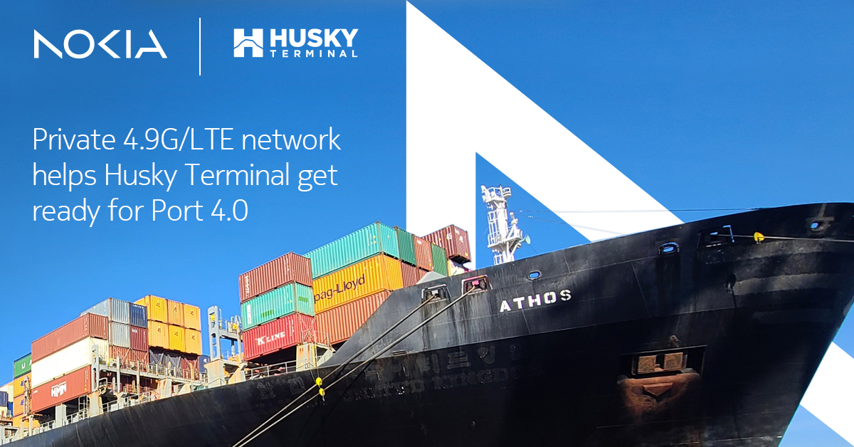 Husky Terminal uses a Nokia private 4.9G/LTE network to build a foundation for advanced #port use cases. 

Learn how the reliable, future-proof network will ease the transition to Port 4.0 applications such as drone inspections &amp; data-driven optimization: nokia.ly/46i4RSc