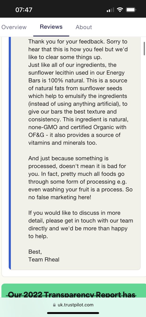 EmeliaEMorris's tweet photo. @DoctorChrisVT What do you think of this response from Rheal Foods about their 100% natural bars containing Lecithin? Are their assertions regarding sunflower lecithin accurate? What about their claim that “just because something is processed doesn’t mean it’s bad for you”?? https://t.co/3B8pSuJOiF