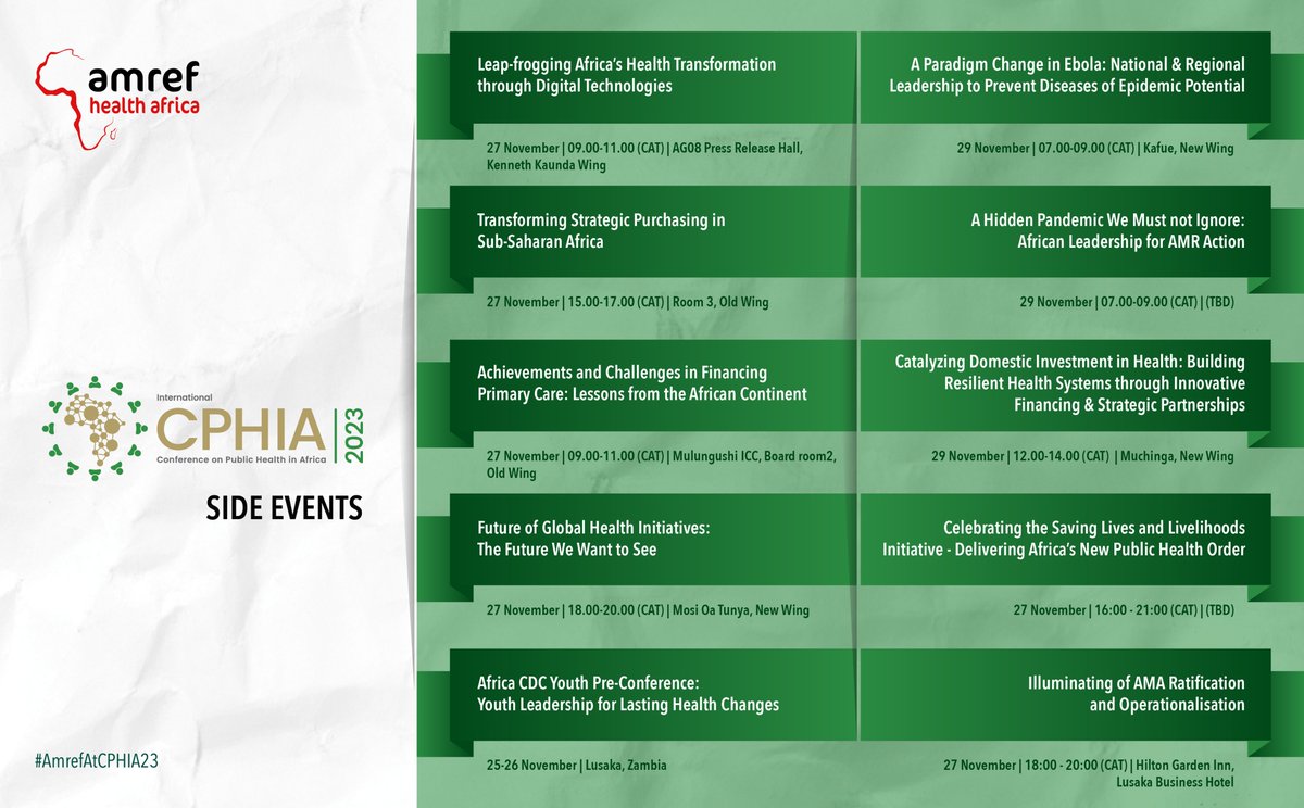 Amref_Worldwide's tweet photo. To unlock society's full potential in Africa's health sector, we need meaningful, action-oriented collaborations. At #CPHIA2023, we prioritise uniting stakeholders across sectors to drive lasting change in public health for a healthier Africa. 

Check out the #AmrefAtCPHIA2023 sessions on the posters! @AfricaCDC @CPHIA_AfricaCDC @WHO @WHOAFRO