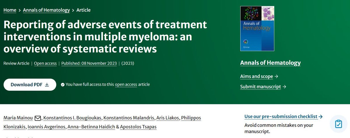 NEW OVERVIEW PAPER focused on the adverse events! In this study, we explored the adverse events of treatments for multiple myeloma as reported in systemtic reviews.
doi.org/10.1007/s00277…