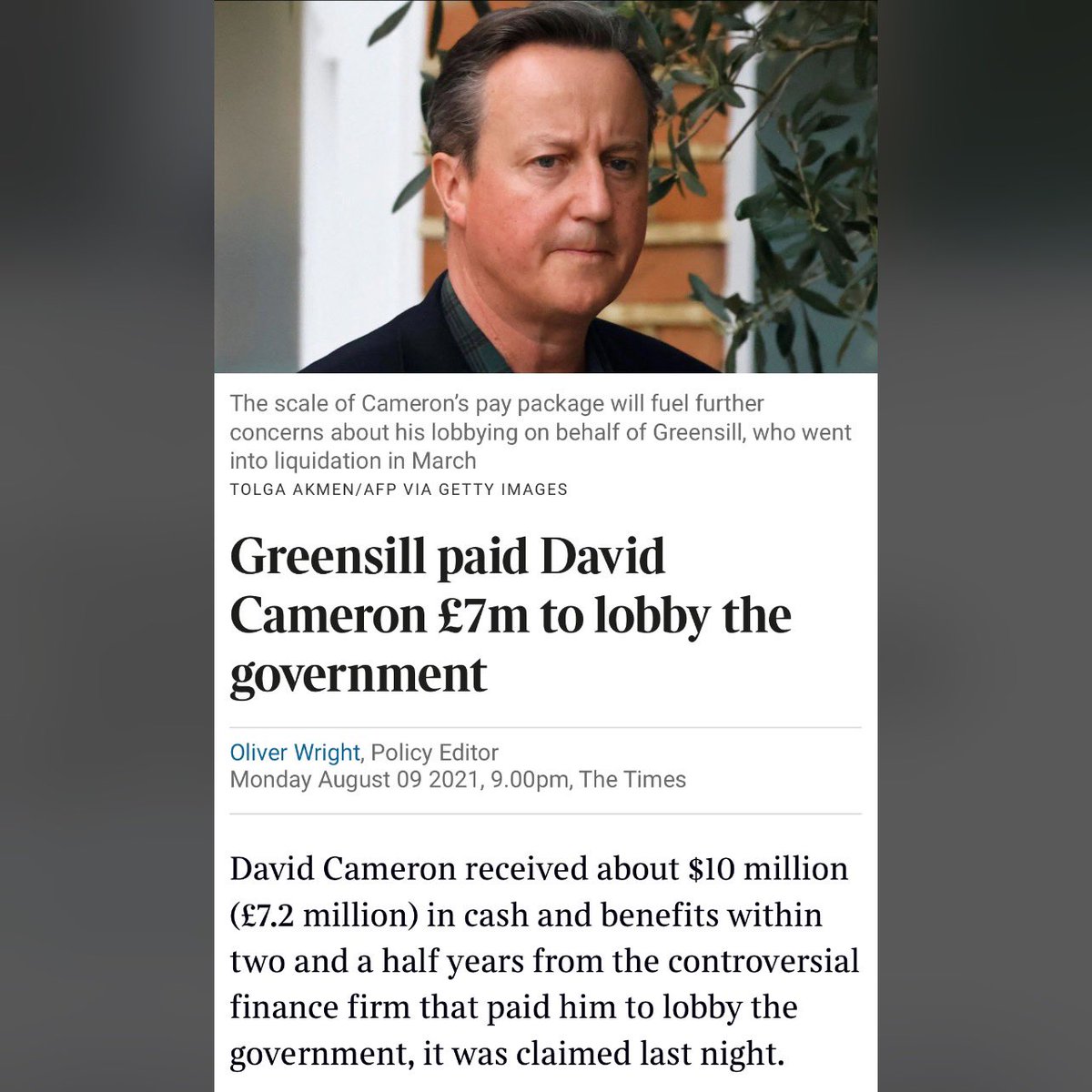 NEWS 

🔹Lex Greensill may be banned from being a director of any company in,or linked to,UK. Times reports 

🔹Reminder.
Lex Greensill had security pass &amp; desk at No 10 from 2011, but no job.
Why was he there?

🔹Cameron paid £7m before Greensill Capital went bust

Tory values