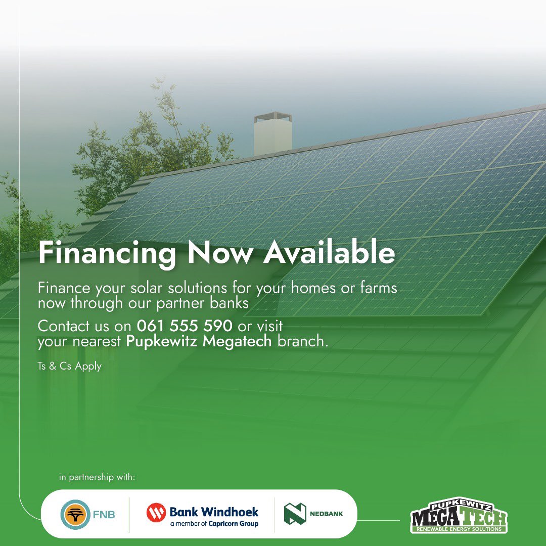 🌟 Exciting news! The power of solar is finally within your reach. 

We're thrilled to announce that financing for residential solar solutions is now available through our esteemed partners: <a href="/FNBNamibia/">FNB Namibia</a>, <a href="/BankWindhoek/">Bank Windhoek</a>, &amp; <a href="/NedbankNam/">Nedbank Namibia</a> 🏡☀️ 

Contact us today at 061 555 590 or drop