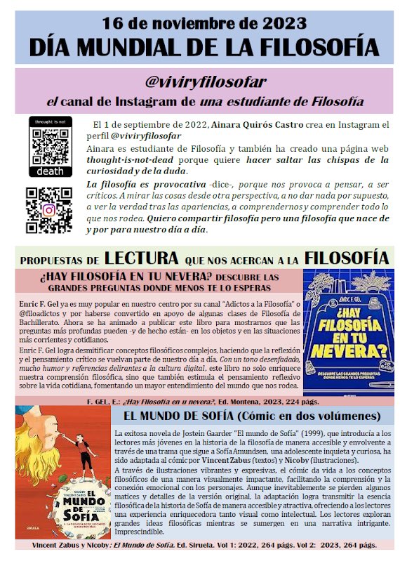 BiblioSalinas's tweet photo. #DíamundialdelaFilosofía2023 El departamento de Filosofía nos propone estas interesantes recomendaciones para celebrar este día:
https://t.co/oha32X5XDA
#viviryfilosofar
#AinaraQuirósCastro
#filoadictos
#EnricFGel
@edicionesiruela
#BibliotecasescolaresCyL https://t.co/yFSjNRy3O8