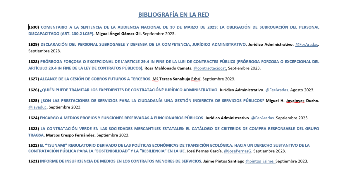 contratodeobras.com/2023/11/biblio… BIBLIOGRAFIA EN LA RED SOBRE CONTRATACIÓN PÚBLICA:    >> Diez (10) nuevas entradas: <<
Rosa Maldonado Camats; <a href="/contractaciocat/">Contractació</a>; @javaduc; <a href="/FerAradas/">Fer Ara das</a>; <a href="/JosePernasG/">J. Jose Pernas García</a>; <a href="/pintos_jaime/">Jaime Pintos Santiago</a>; Miguel Ángel Gómez Gil; María Teresa Sanahuja Esbrí; Marcos Crespo Fernández.