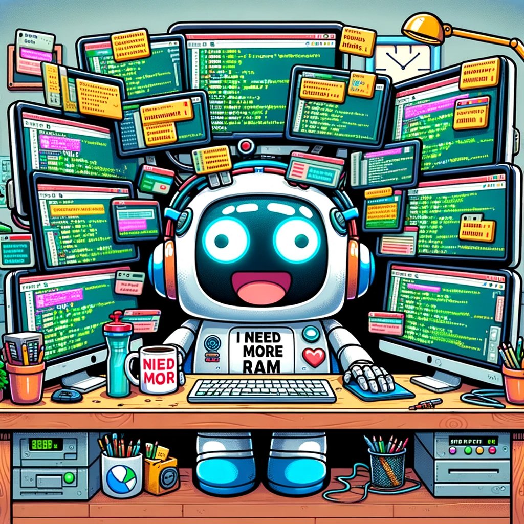 teengineer1010's tweet photo. Prompt:Clipart of a smiling robot sitting at a desk, overwhelmed with multiple screens, each displaying different coding languages and error messages #clipart #smiling #robot #sitting #at #desk, #overwhelmed #multiple #screens, #each #displaying #different #coding #languages #error #messages