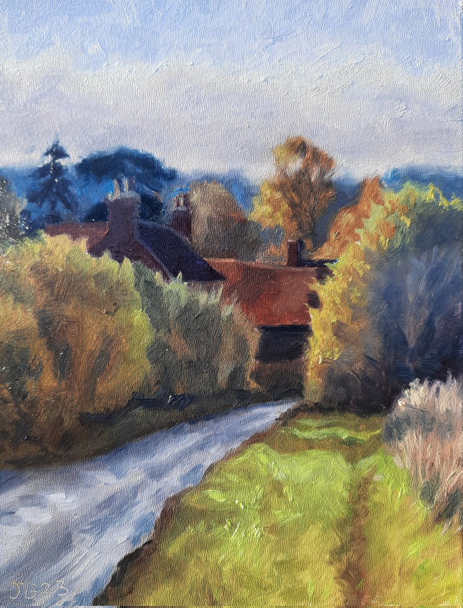 Taking advantage of the nice weather yesterday,  I went out and painted the road in to Fingest. Really beautiful autumnal light and color in its prime. Oil on gesso panel, 24 x 18 cm.
#fingest #chilternsaonb #chilternhills #chilternvillages #autumn #oilpainting