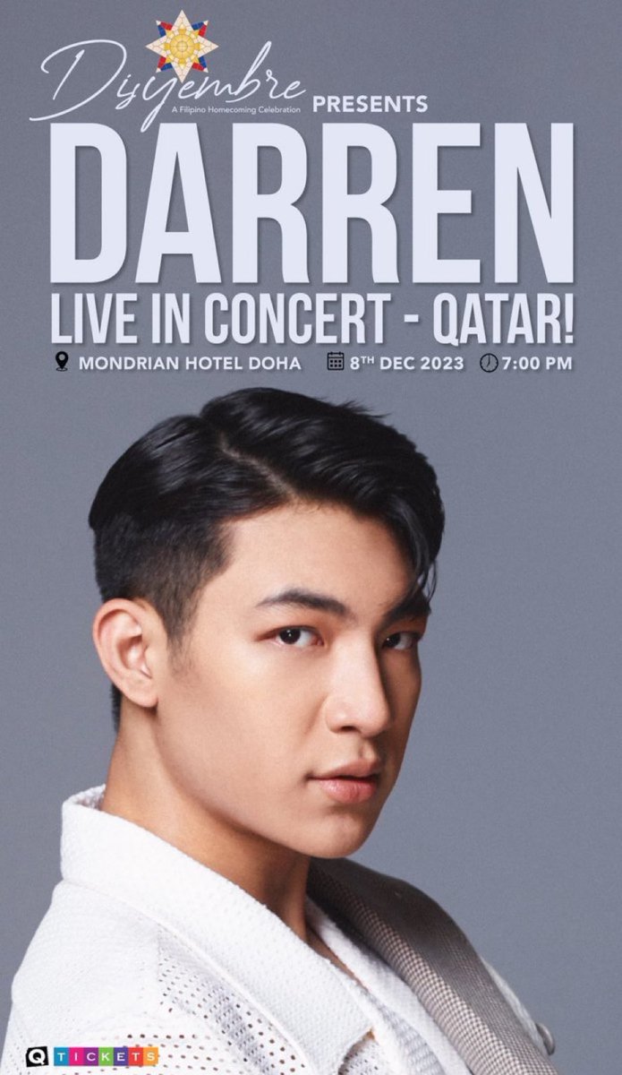 jihyoshii3's tweet photo. DISYEMBRE- A Homecoming: DARREN LIVE IN CONCERT-QATAR

Witness a world-class performance by Asia's Pop Heartthrob on Dec.8, 7pm at Mondrian Hotel, Doha!

Buy your tickets now!
🎫https://t.co/JnWReMZDnk…
📞 +97430653581
📧 info@medesigns.qa

#DARREN @Espanto2001 https://t.co/POhuylAr0U