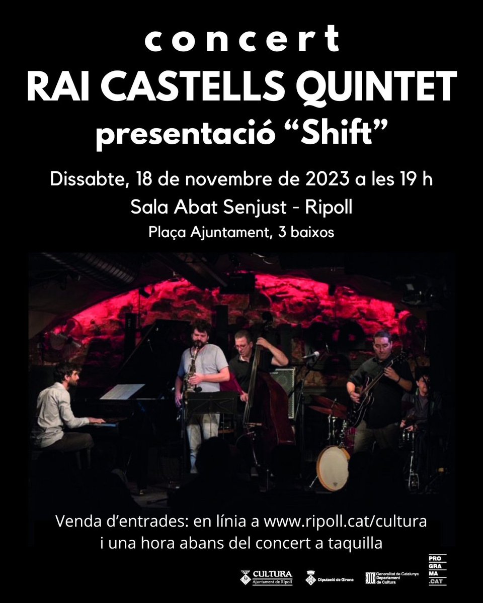 🎺🎸 Us recordem que aquest dissabte la Sala Abat Senjust acull el concert de 'Rai Castells Quintet' amb la presentació de "Shift".

🗓️ 18 de novembre
🕒 19 h

🎟️ Entrades anticipades, aquí: entrapolis.com/entradas/conce…