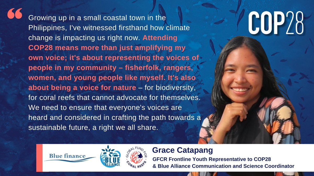 Grace, our Communications and Science Coordinator at #BlueAlliancePhilippines, has been selected as a @GlobalFundCoral #FrontlineYouthRepresentative by @UNFCCC @hlcchampions #RacetoResilience. 🎉 She will represent our organizations and our partner #GFCR at @COP28_UAE. 🌍 #COP28