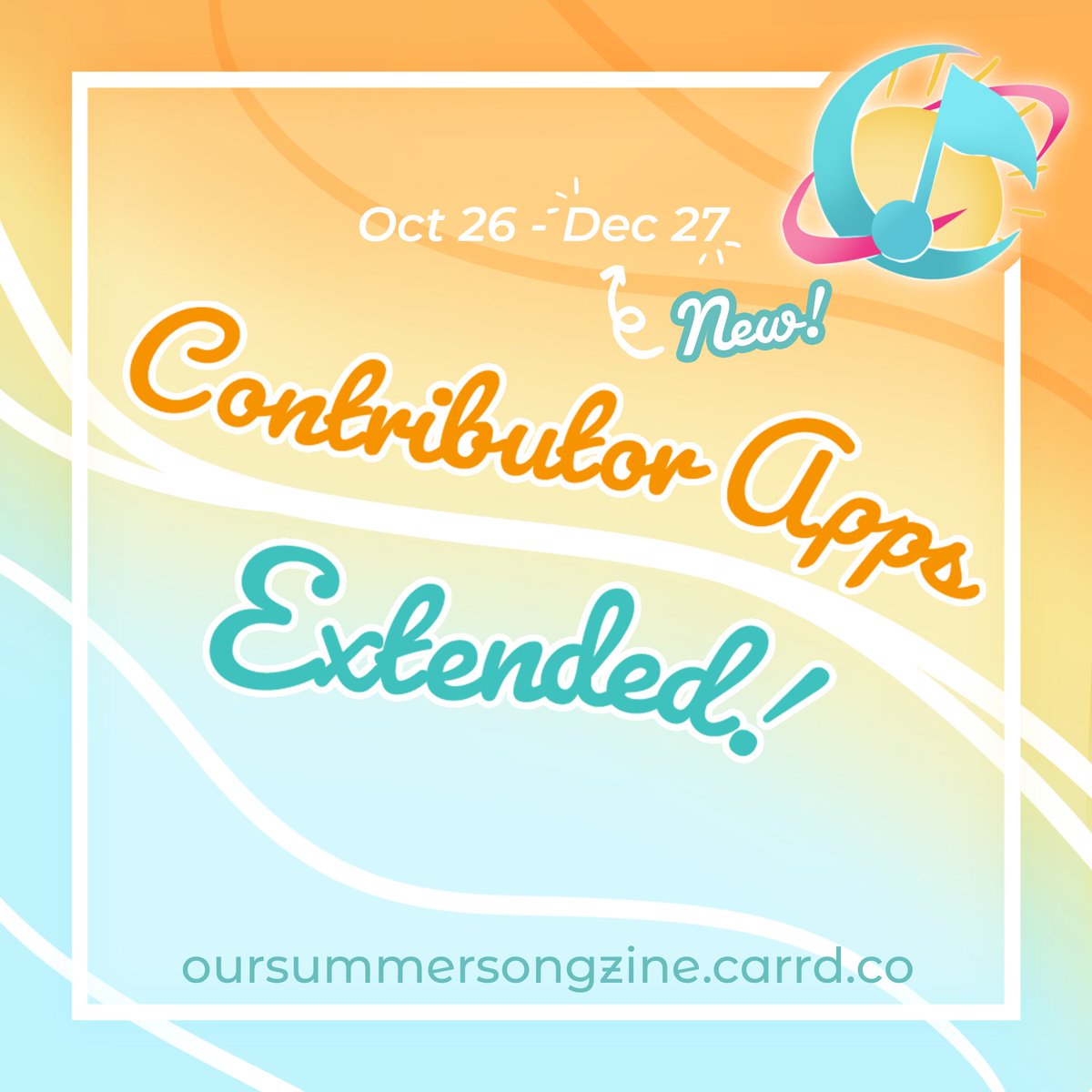 pjsk_summerzine's tweet photo. 🌟 Exciting News! 🌟

 Calling all creative minds! 📣 Good vibes only as we extend the contributor application deadline for Project Sekai Zine to Dec 27! 🎉

✨ Writers, pen wizards, and spot artists, show us what you've got! 🚀✍️🎨 https://t.co/y6KCZhdPBx