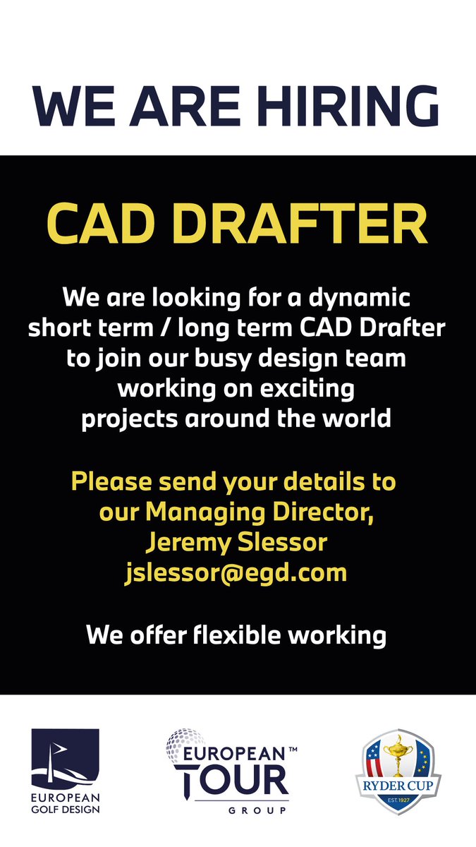 WE ARE HIRING - CAD DRAFTER We are looking for a dynamic short term/long term CAD Drafter to join our busy design team working on exciting projects around the world. We offer flexible working. Please send your details to our Managing Director, Jeremy Slessor jslessor@egd.com