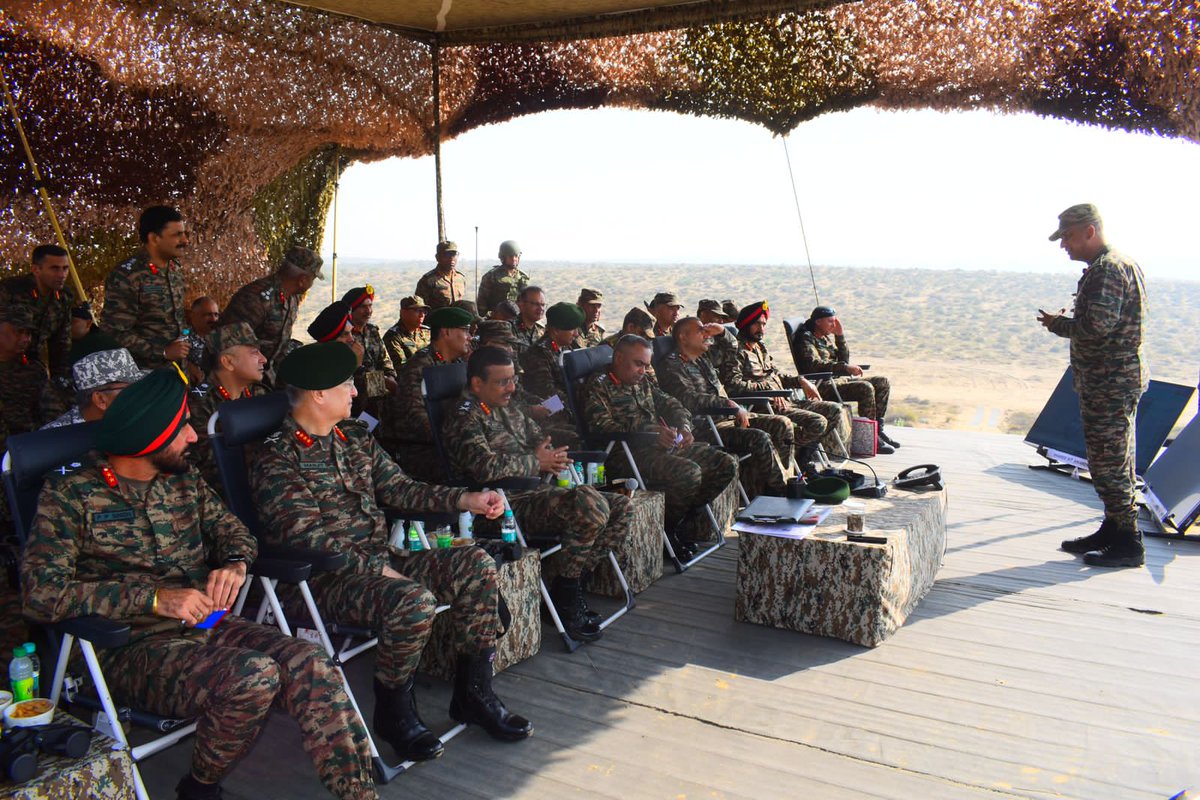 adgpi's tweet photo. "Who Dares Wins, Who Trains Wins"

Gen Manoj Pande #COAS reviewed the Validation Exercise of a Strike Corps in the Deserts and was briefed by GOC-in-C Southern Command on the realistic training being carried out. The Exercise validated multi domain operations with deep manoeuvres integrating modern technology, new generation equipment & weapon systems. #COAS complimented the commanders for in-depth planning & successful execution displaying synergy, jointness & multi-level integration. #COAS also interacted with the troops appreciating their professionalism & dedication towards operational readiness.

#IndianArmy
#OnPathToTransformation
@IaSouthern