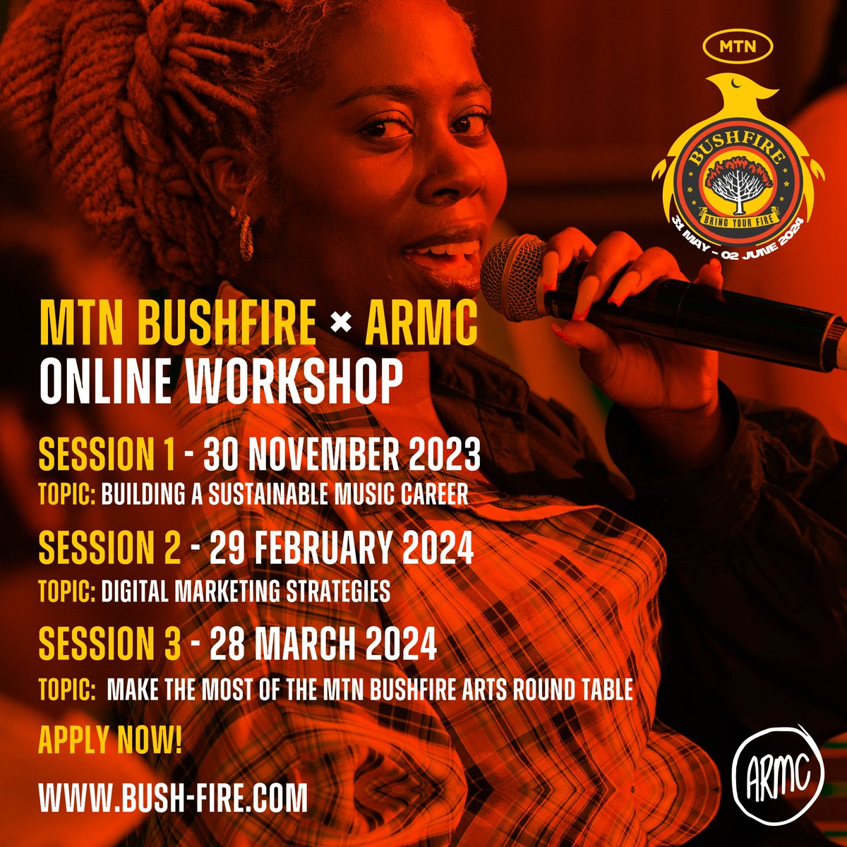 MTN Bushfire & @arm_collectiv Online Workshop applications are open! Read more about the opportunity here: bush-fire.com/apply-for-mtn-… and apply for Session 1 via bit.ly/40qDlRo. #BRINGYOURFIRE #MTNBUSHFIRE2024 #REIGNITETHEFIRE #ARMC