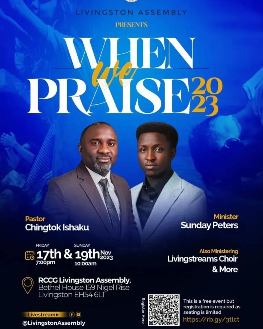 We fellowship with Livingston Assembly, tomorrow. We anticipate God's sweet presence as we gather. If you are in Livingston would you join us as we Praise Yahwe?!!! Blessings

#UnitedKingdom
#LivingstonAssembly
#WhenwePraise